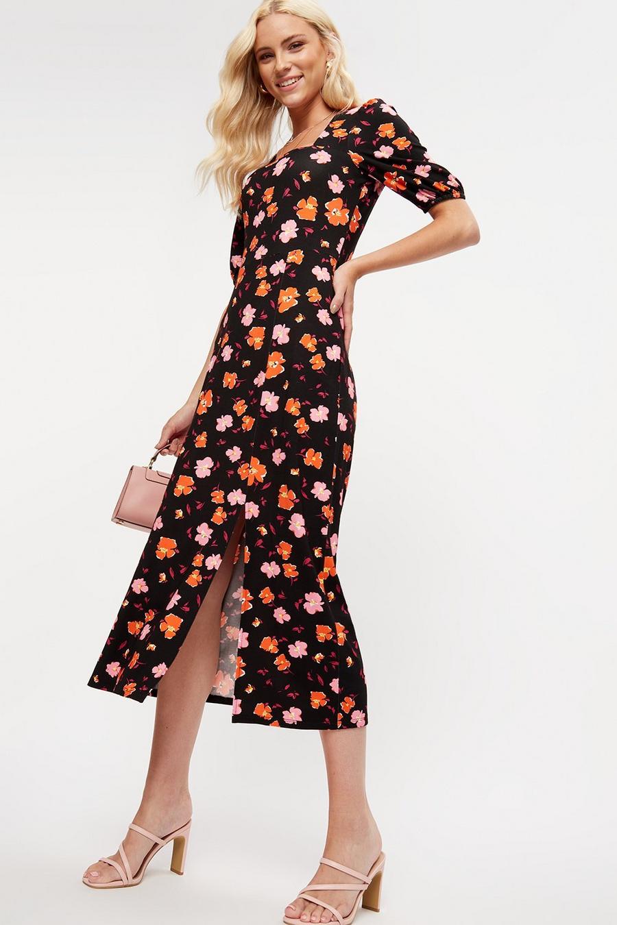 Pink And Red Floral Square Neck Midi Dress
