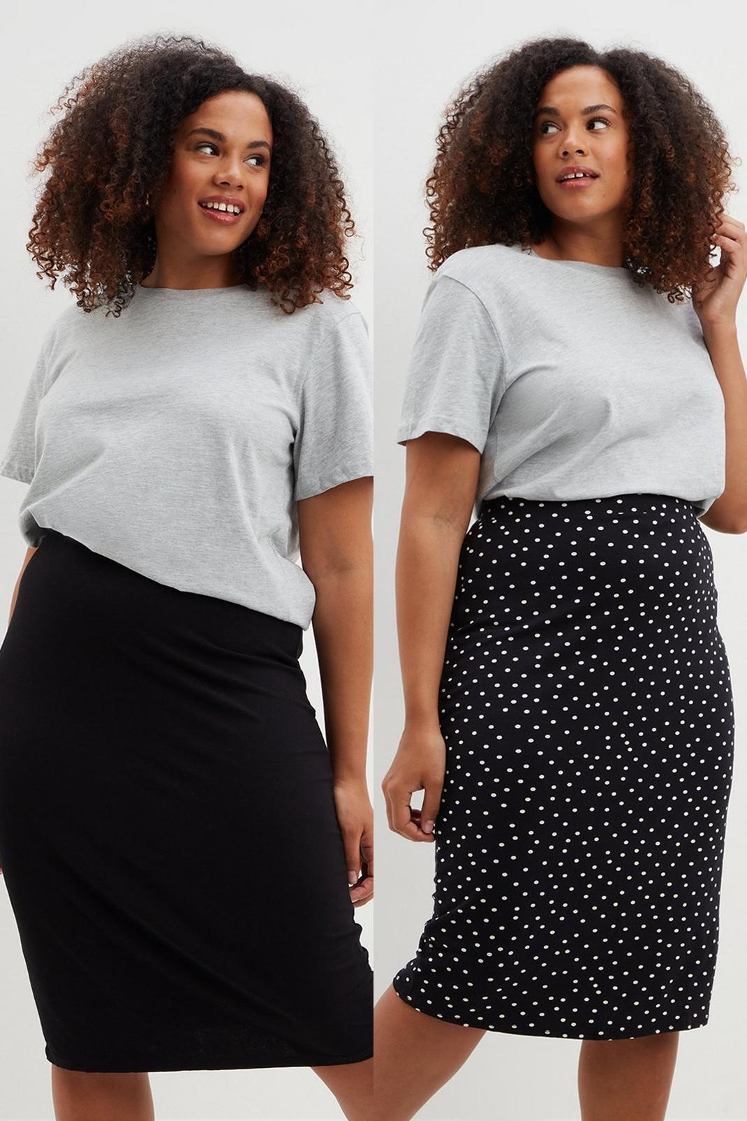 Curve Two Pack Black And Spot Midi Skirt image number 1