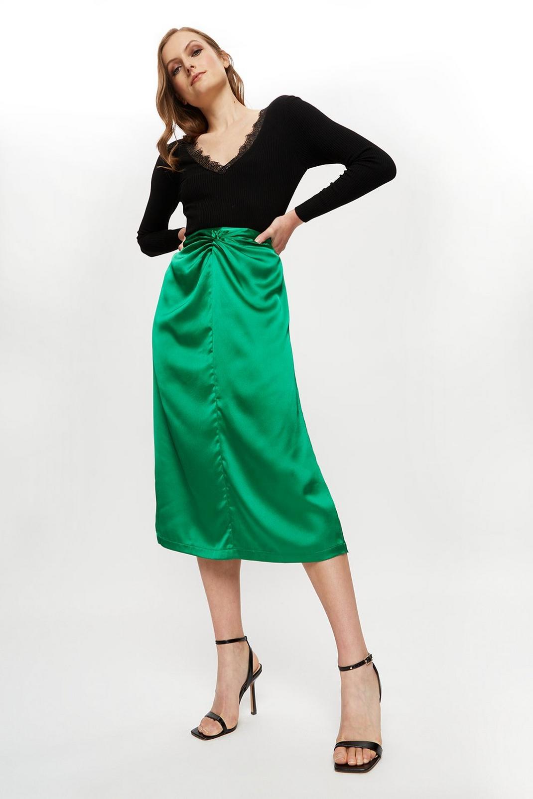 130 Green Satin Knot Midi Skirt image number 1