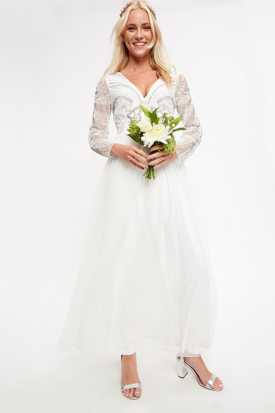 V Neck White Bridal Embellished Dress