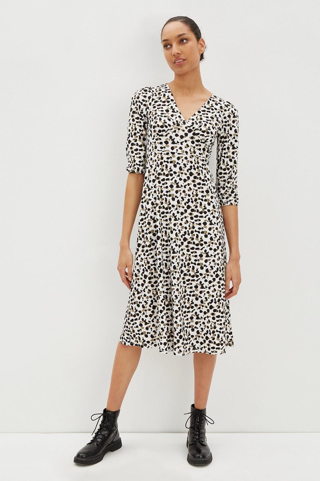 Ivory Leopard Print Soft Touch Midi Dress image number 1