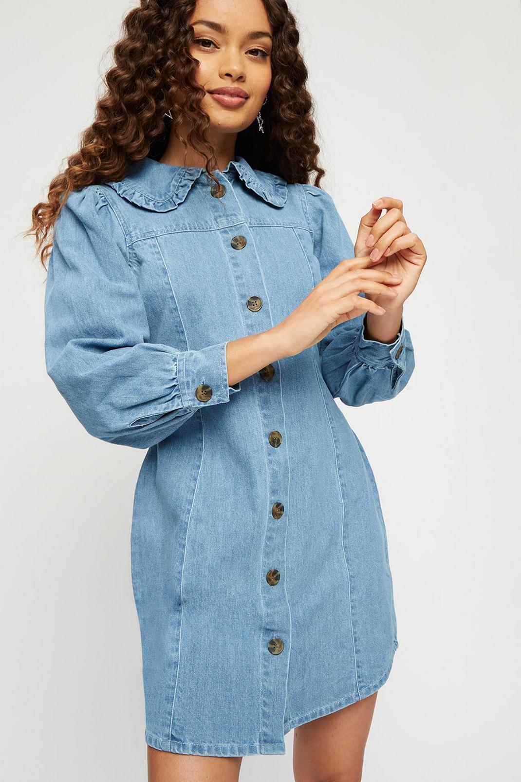 Mid wash Tall Long Sleeve Button Denim Dress image number 1