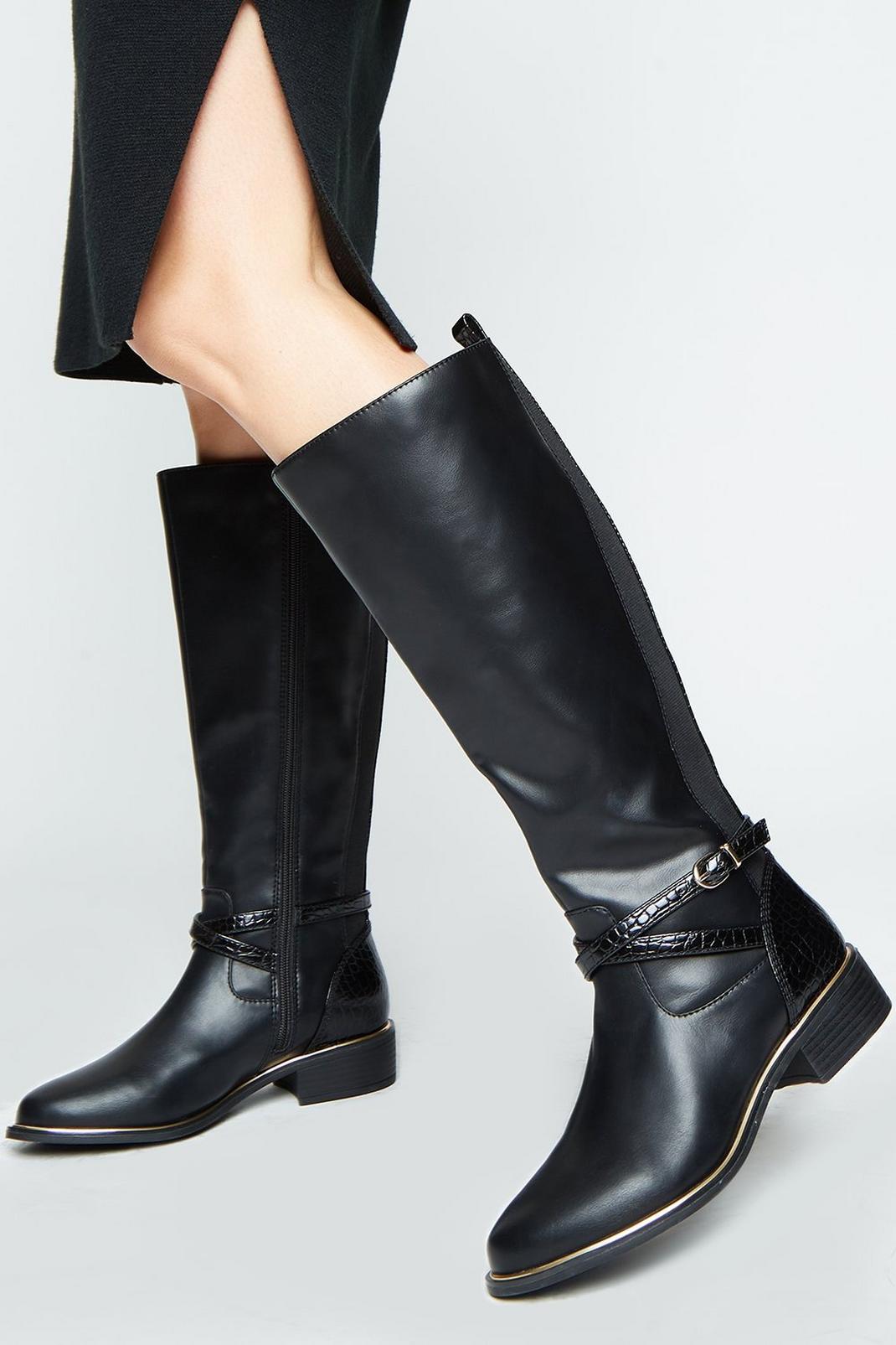 Black Wide Fit Kennedy Ankle Strap Knee High Boots image number 1