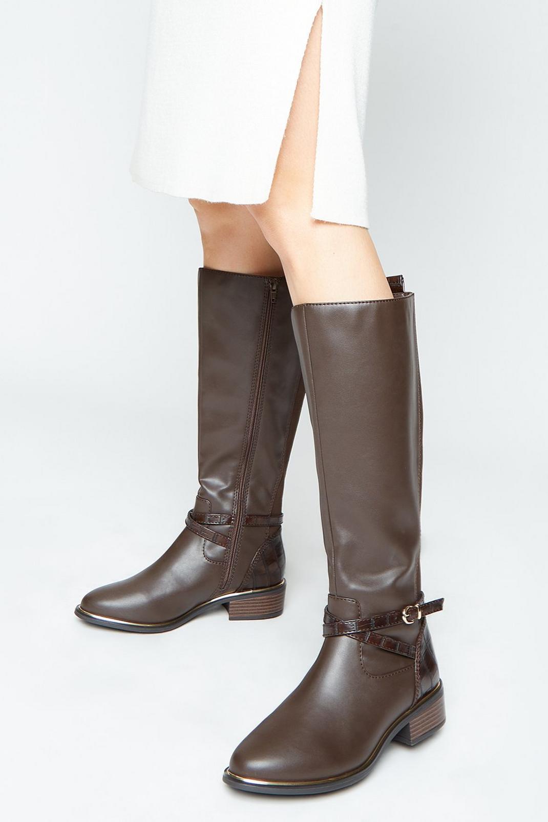 Tan Wide Fit Kennedy Ankle Strap Knee High Boots image number 1