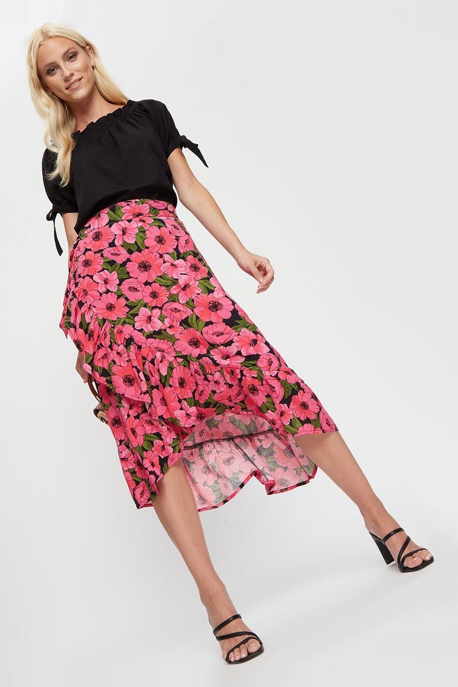 Pink Floral Print Wrap Skirt