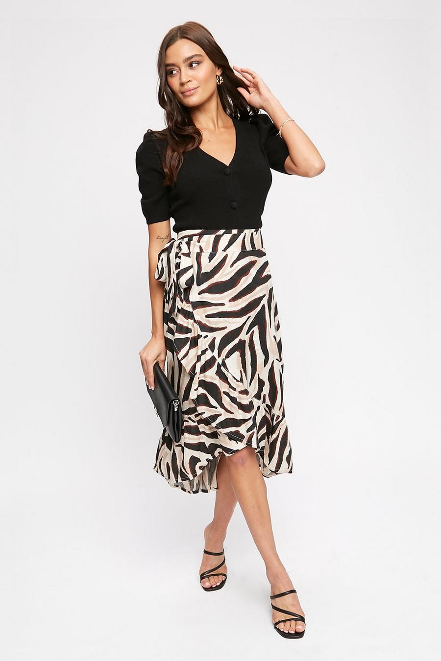 Neutral Zebra Print Wrap Skirt 