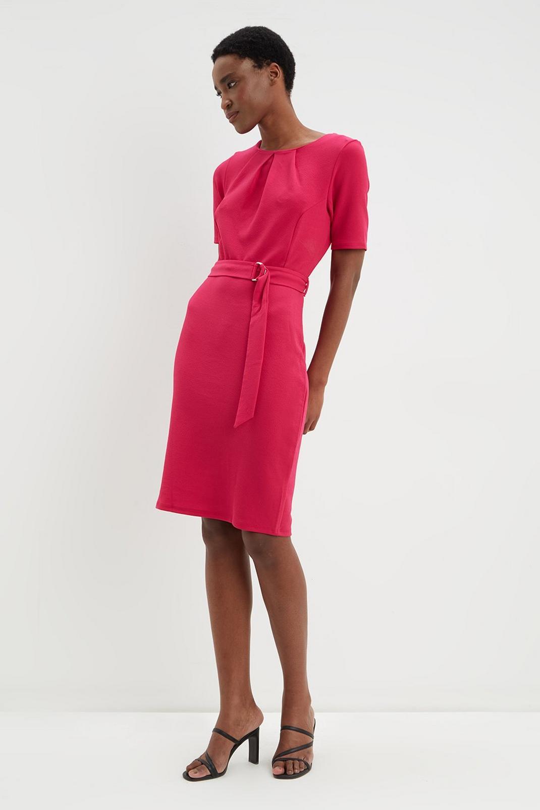 155 Pink Pleat Neck D-ring Pencil Dress image number 2