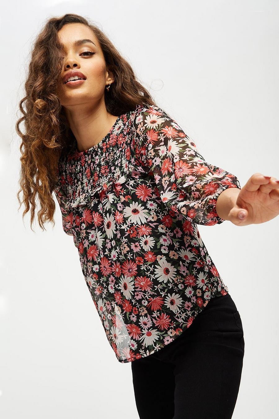 Petite Coral Daisy Print Bubble Sleeve Top