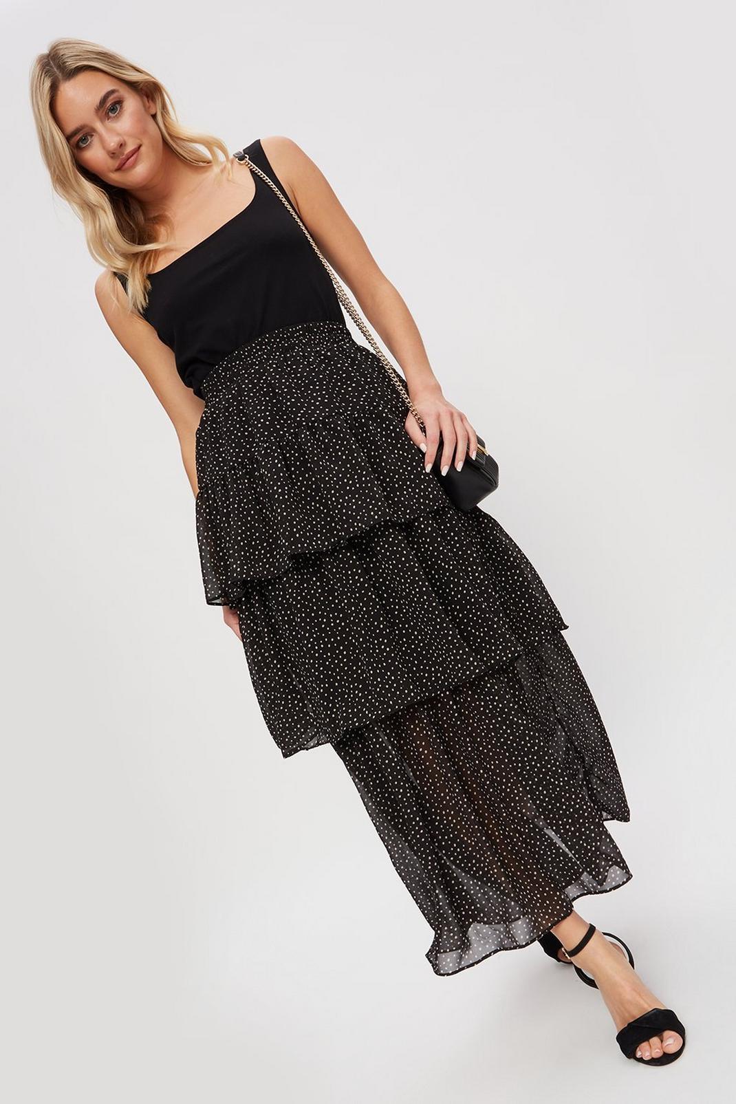 105 Black Spot Tiered Chiffon Midi Skirt image number 2
