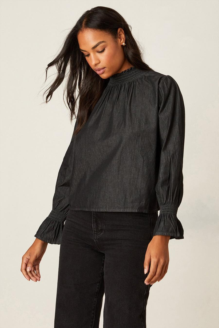 High Neck Shirred Long Sleeve Top