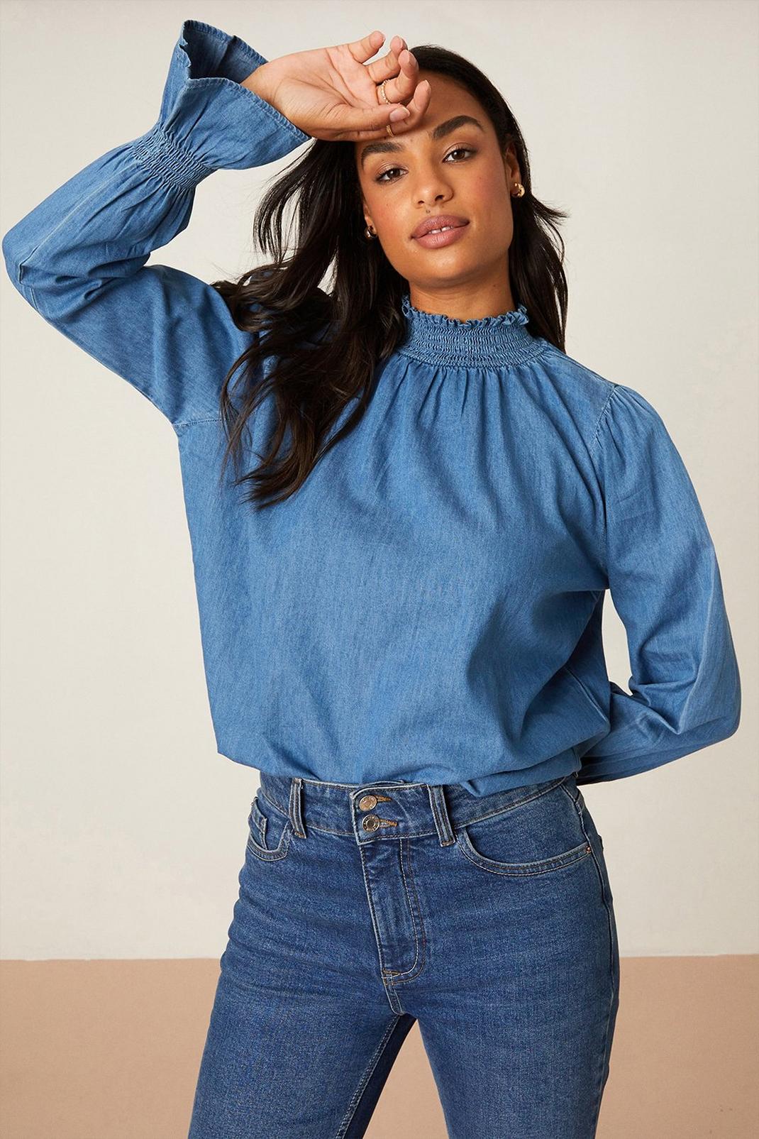 Mid blue High Neck Shirred Long Sleeve Top image number 1