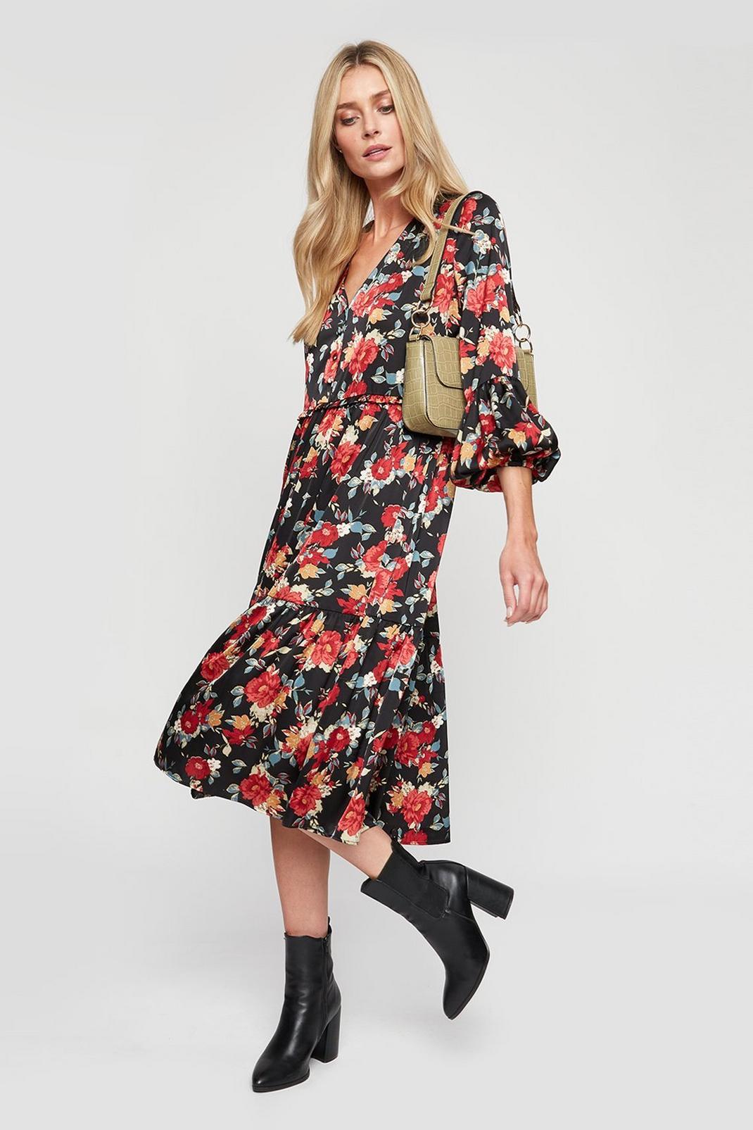 157 Red Floral Balloon Sleeve Midaxi Dress image number 1