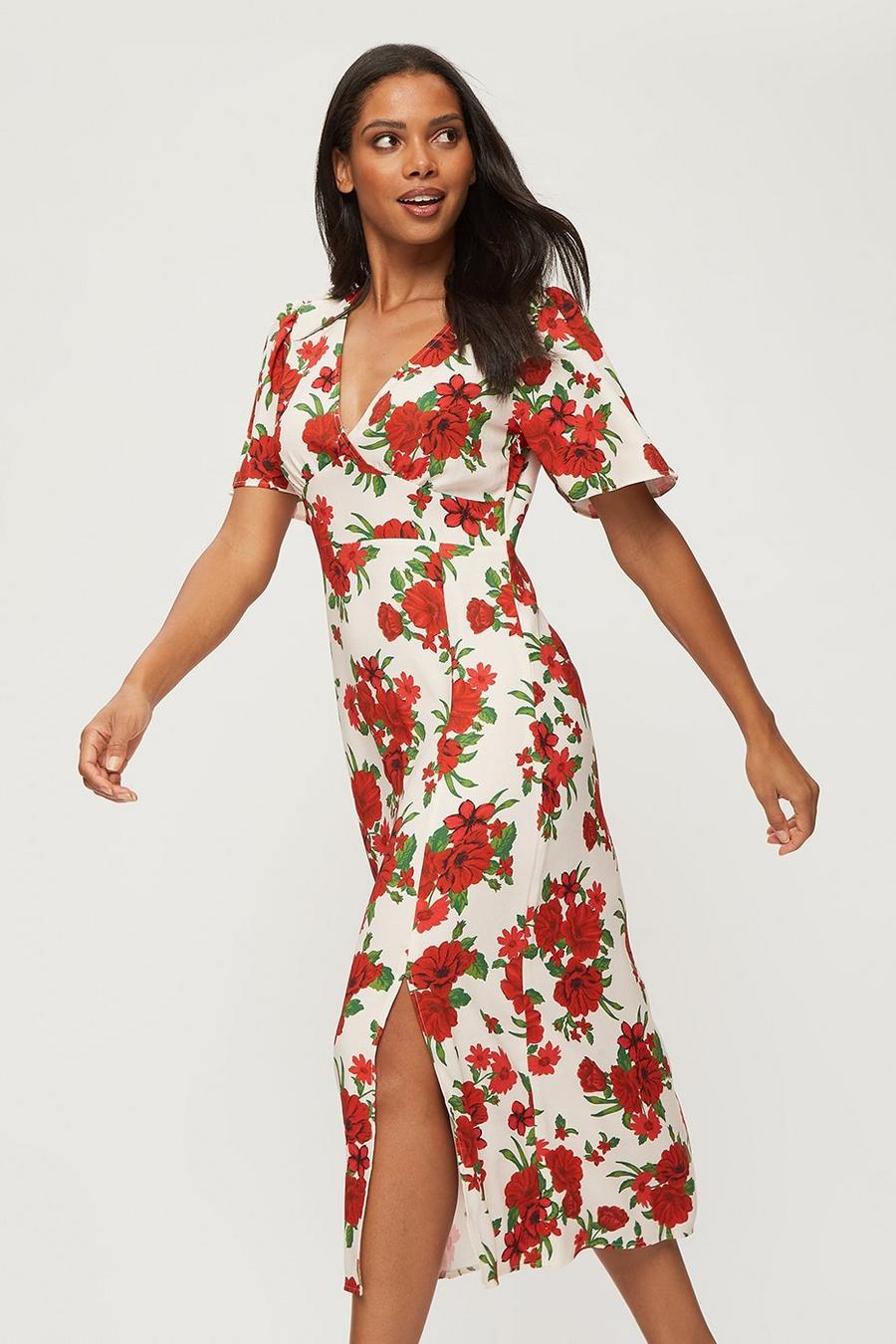 Red Cream Floral Fluted Sleeve Midaxi Dress