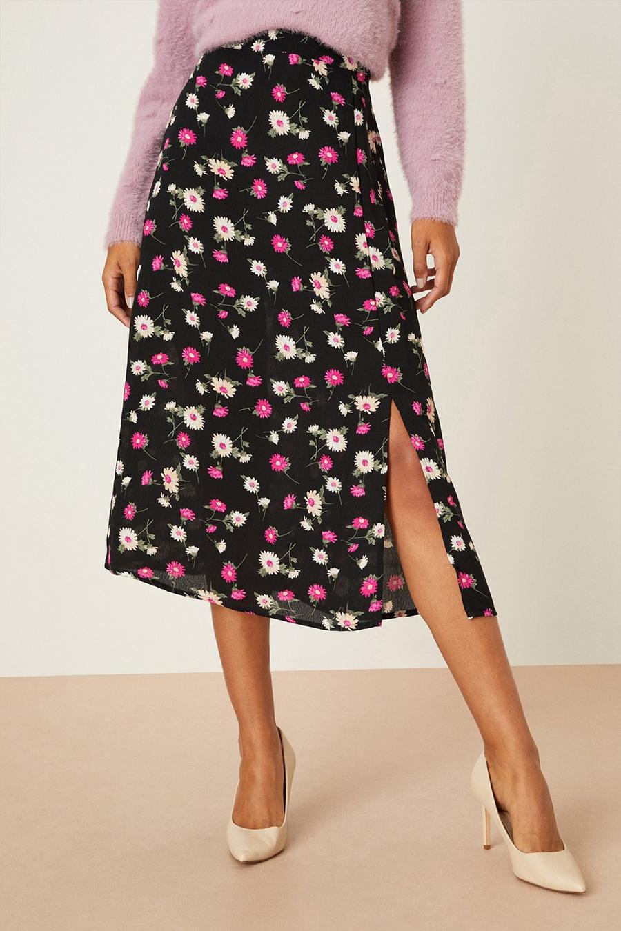 Purple Daisy Print Split Midi Skirt