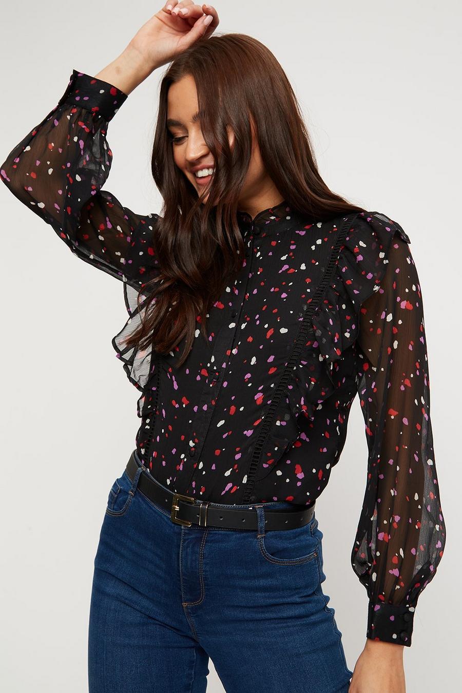 Abstract Spot Print Ruffle Front Blouse