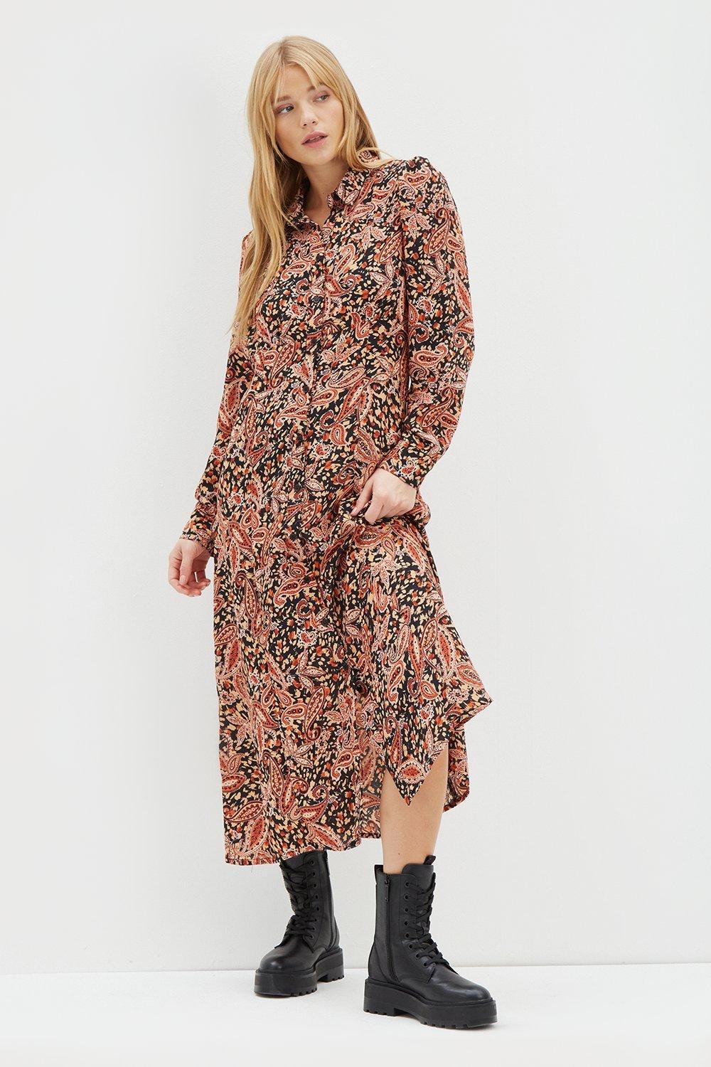 rust midi shirt dress