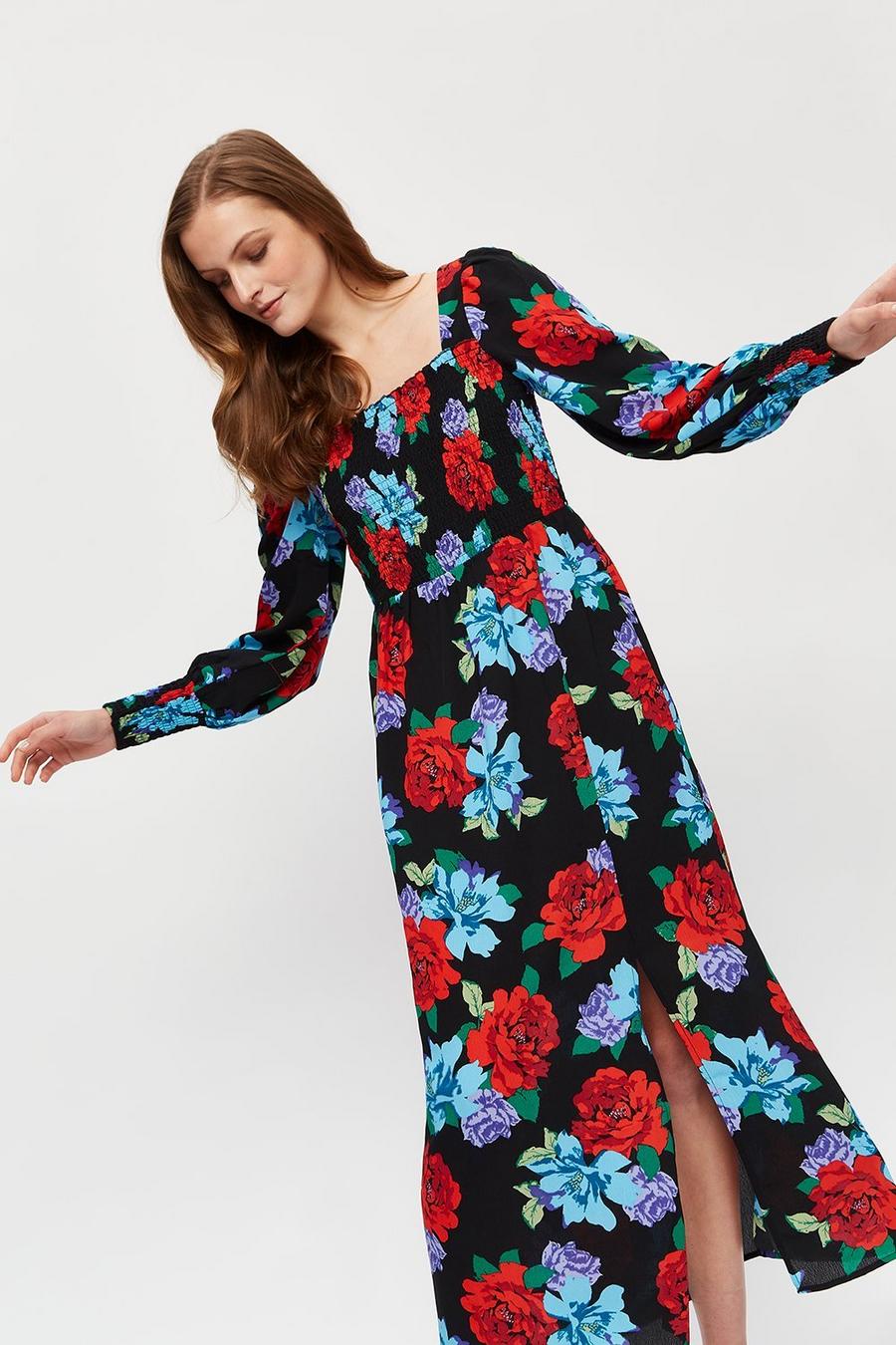 Red  Blue Large Floral Shirred Midaxi Dress