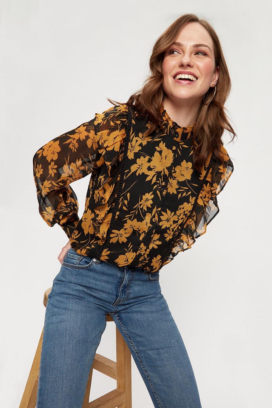 Ochre Floral Print Ruffle Front Blouse