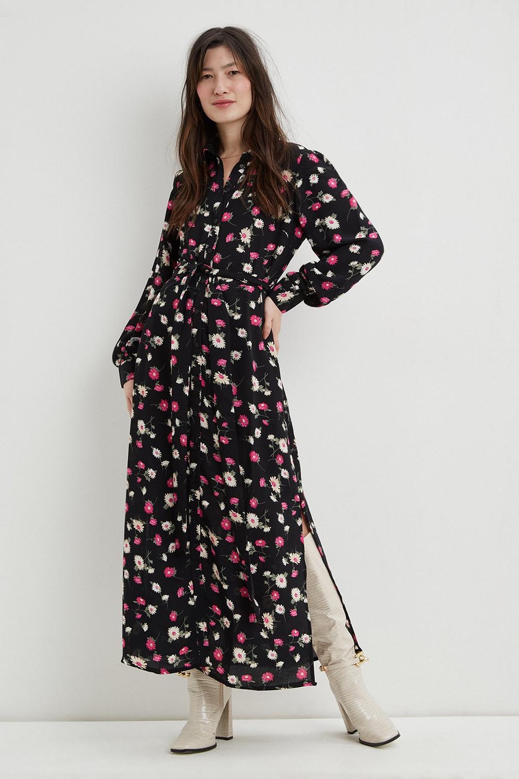 Black  Daisy Belted Shirt Midaxi Dress image number 1