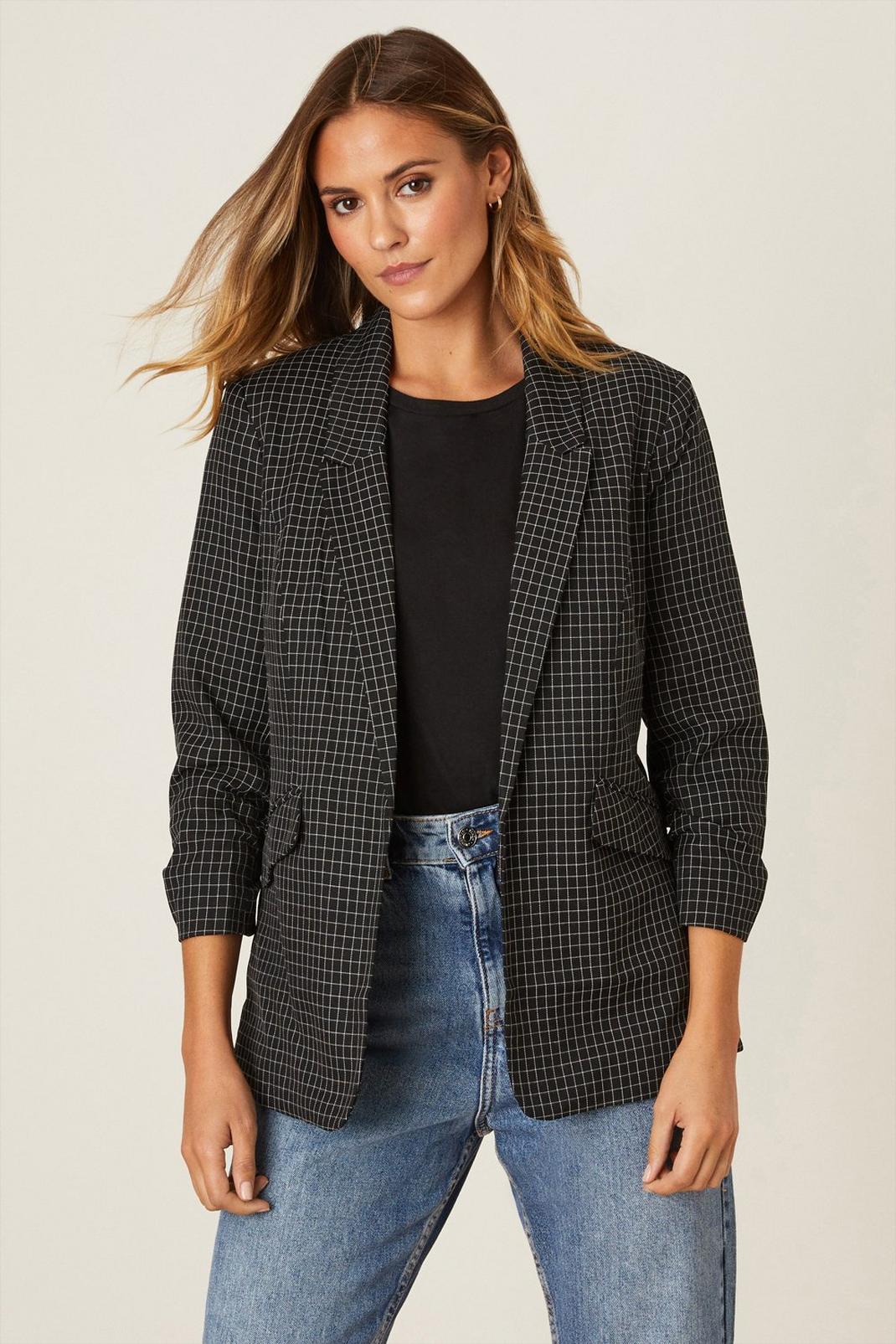 839 Window Pane Check Ruched Sleeve Blazer image number 1