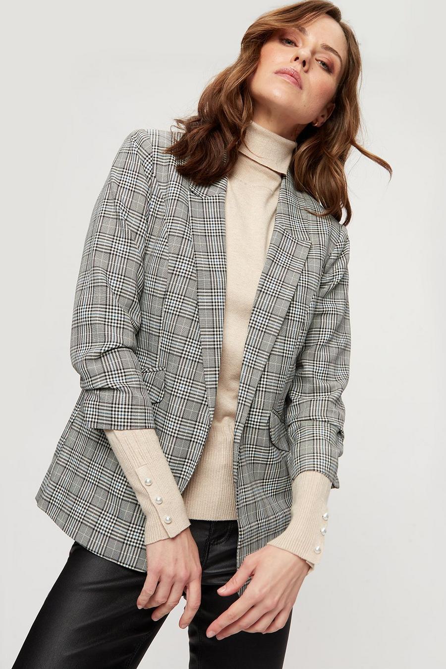 Prince Of Wales Check Ruched Sleeve Blazer