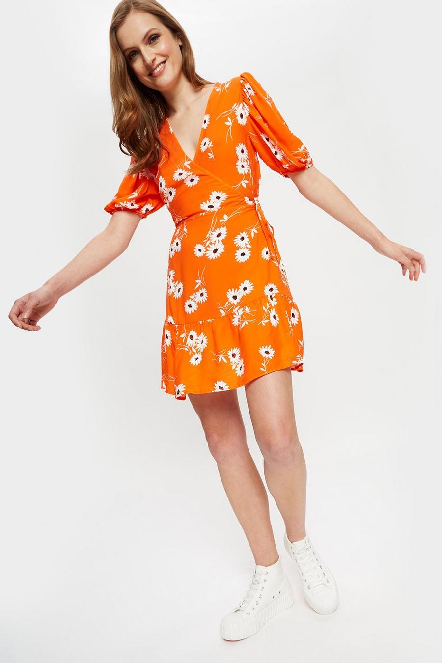 Bright Orange Floral Wrap Mini  Dress