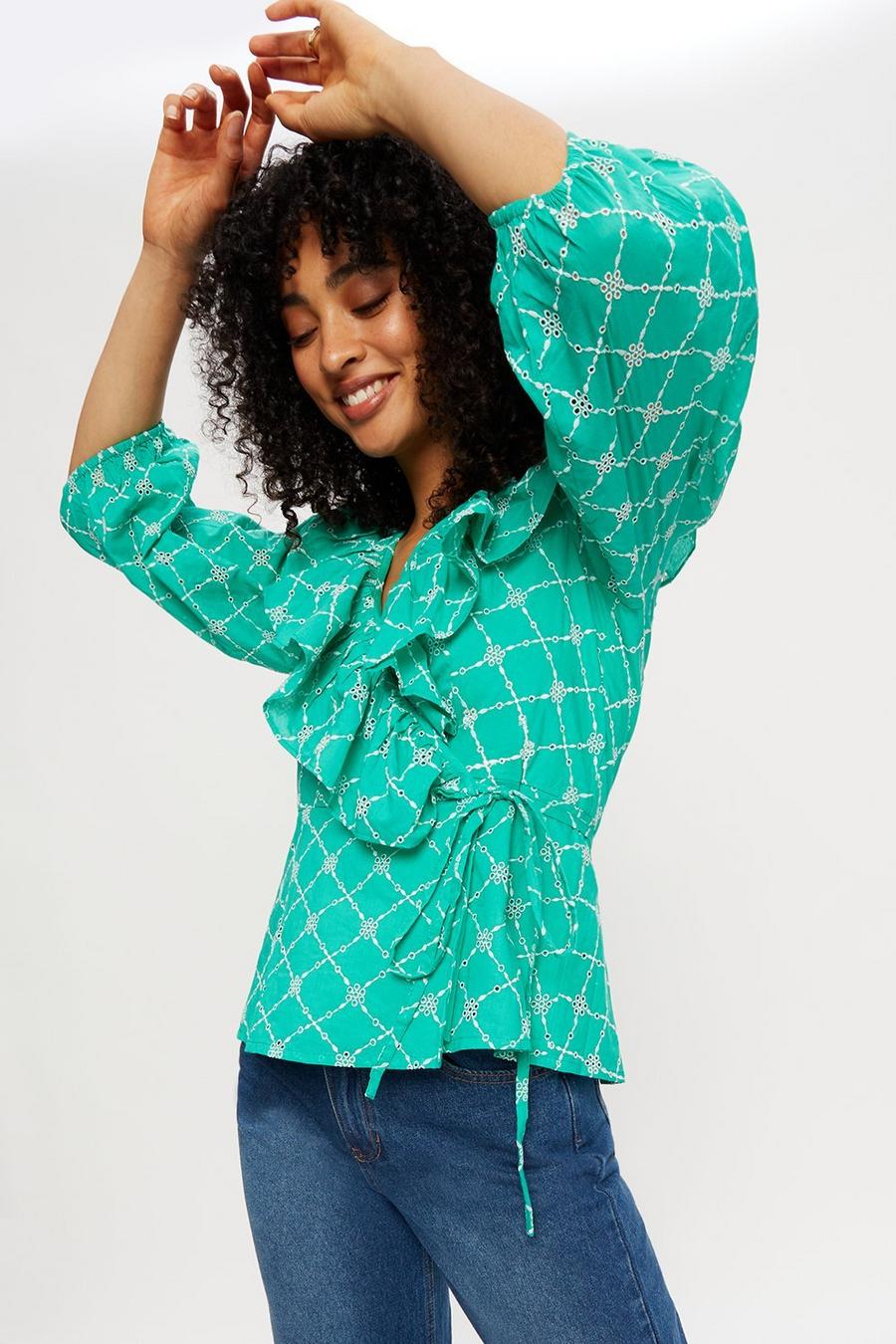 Green Check Puff Sleeve Wrap Top