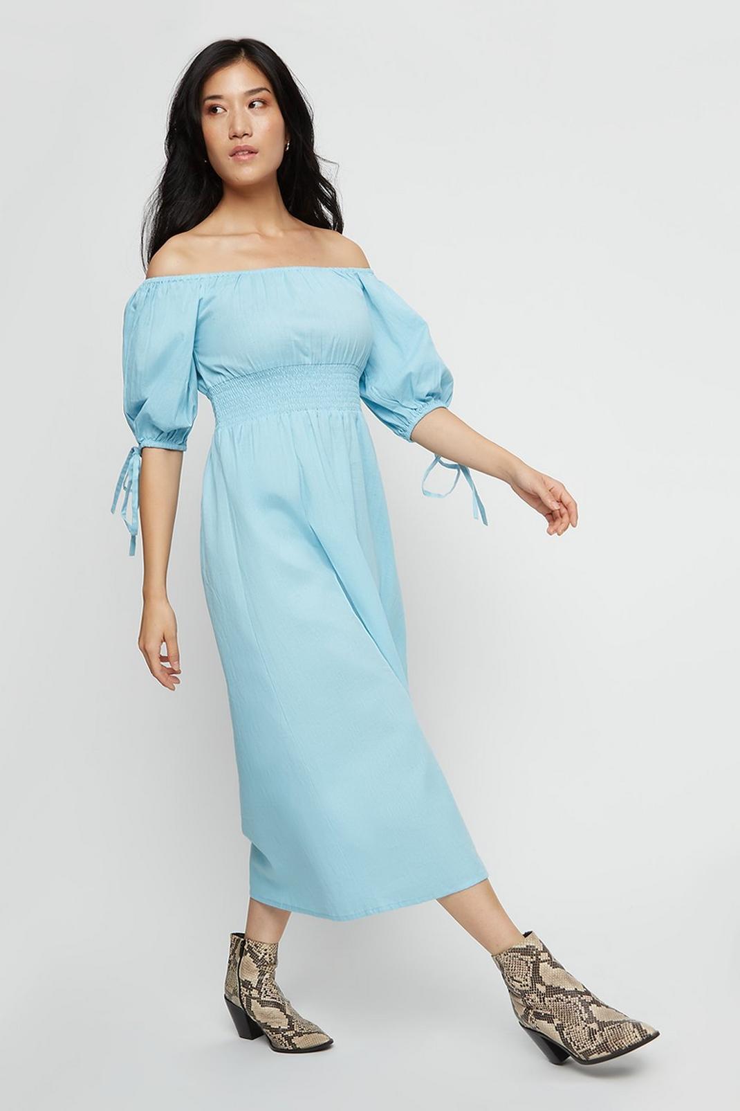 106 Blue Milkmaid Bardot Midi Dress image number 1