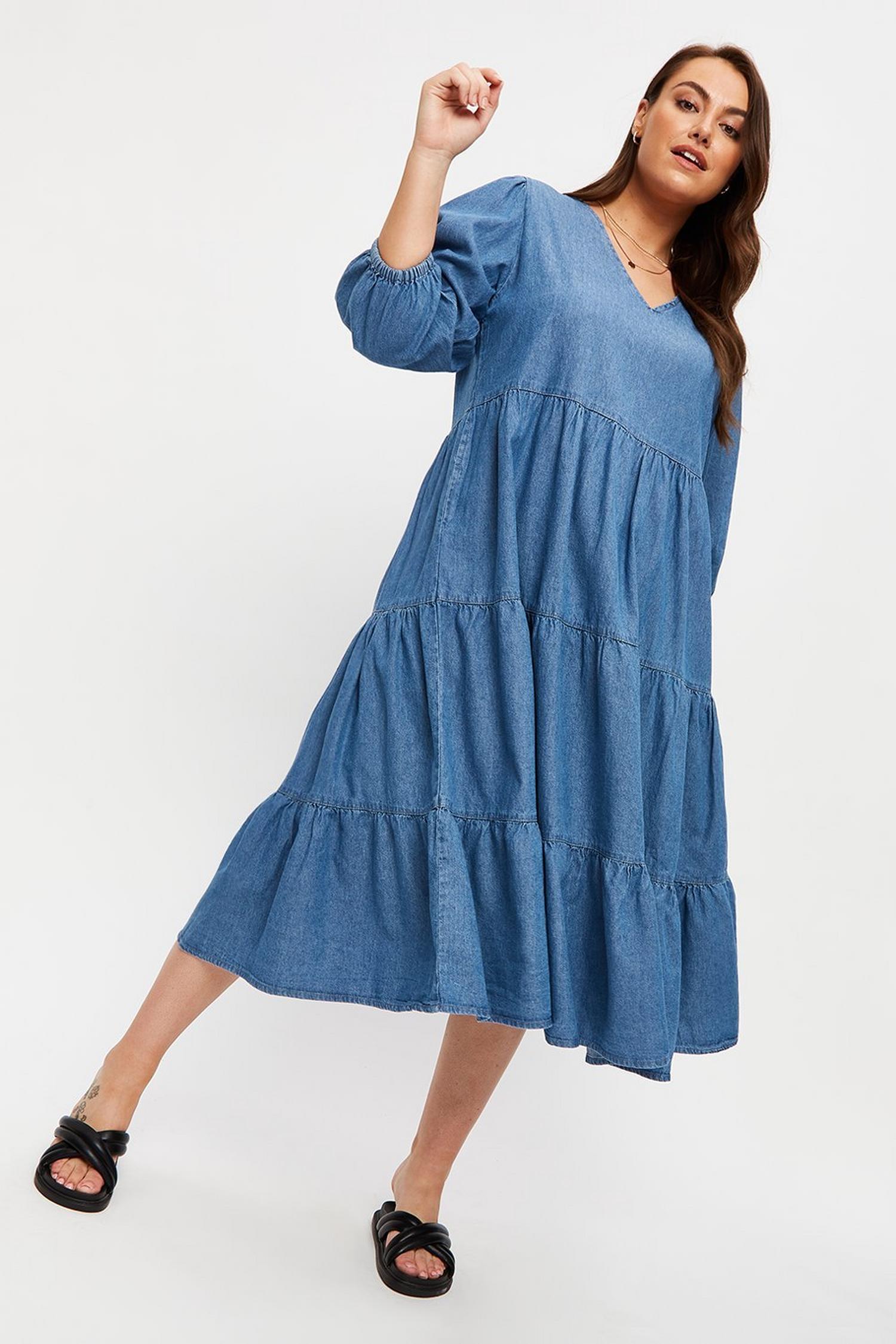 Curve Denim V Neck Tiered Midi Dress | Dorothy Perkins UK