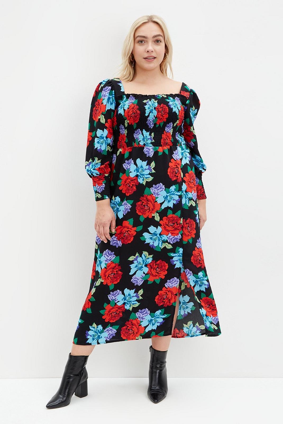 144 Curve Red Blue Floral Shirred Body Midaxi image number 1