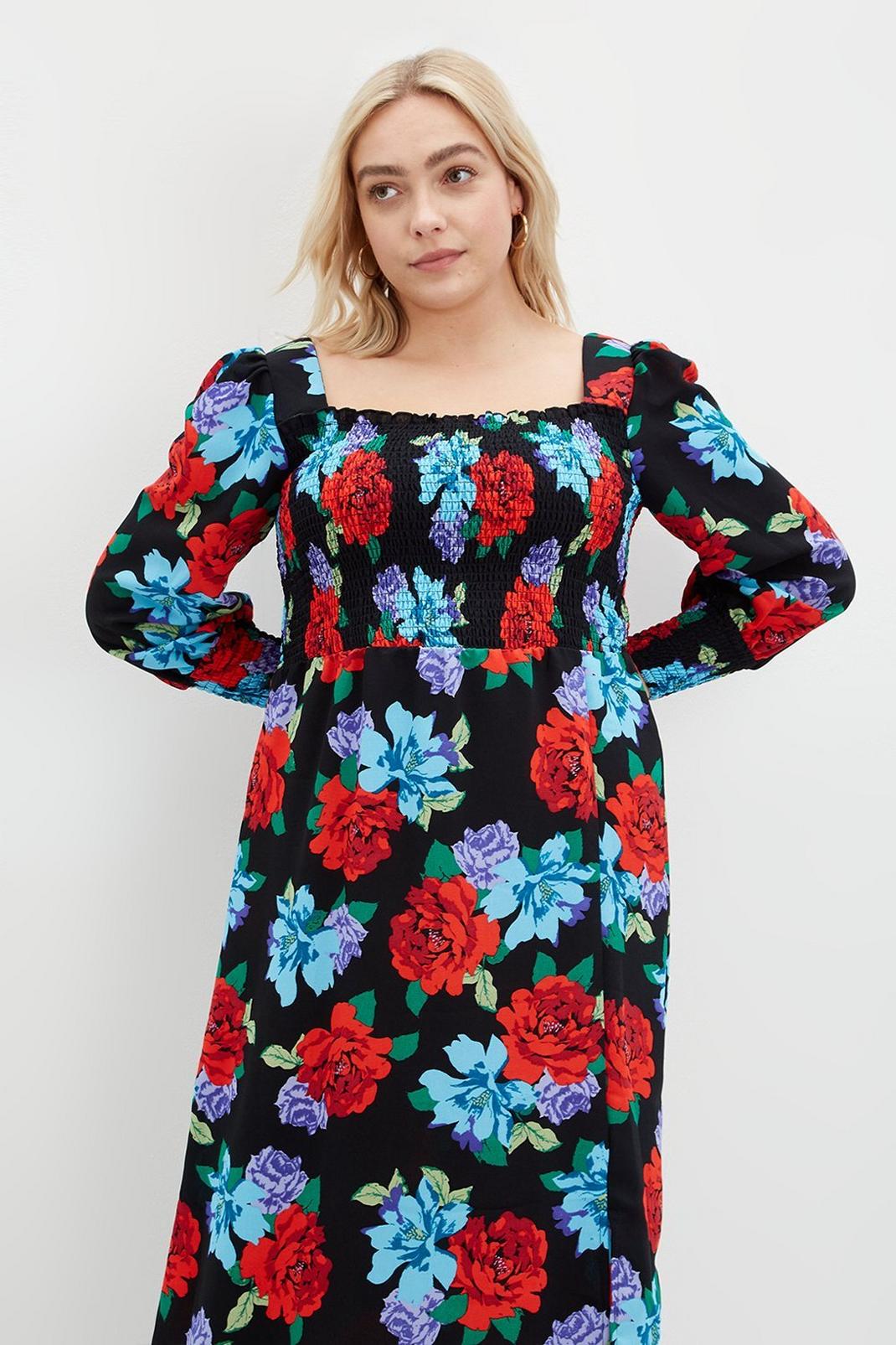 144 Curve Red Blue Floral Shirred Body Midaxi image number 2