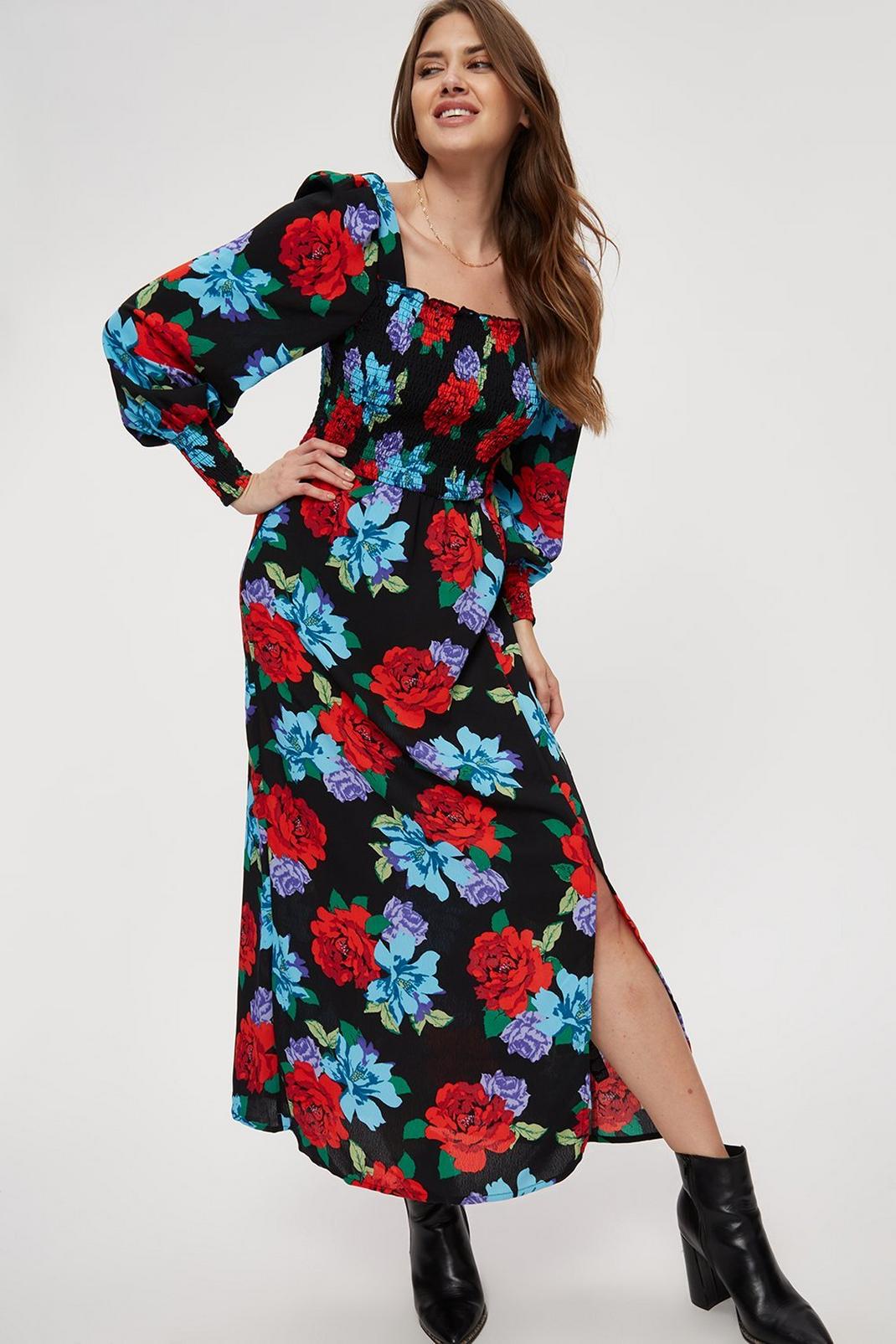 144 Tall Red Blue Floral Shirred Body Midaxi image number 1