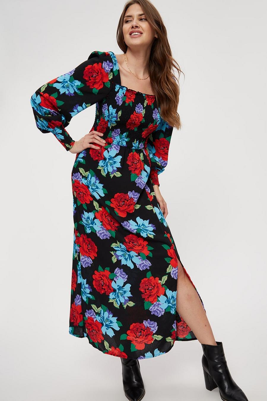 Tall Red Blue Floral Shirred Body Midaxi