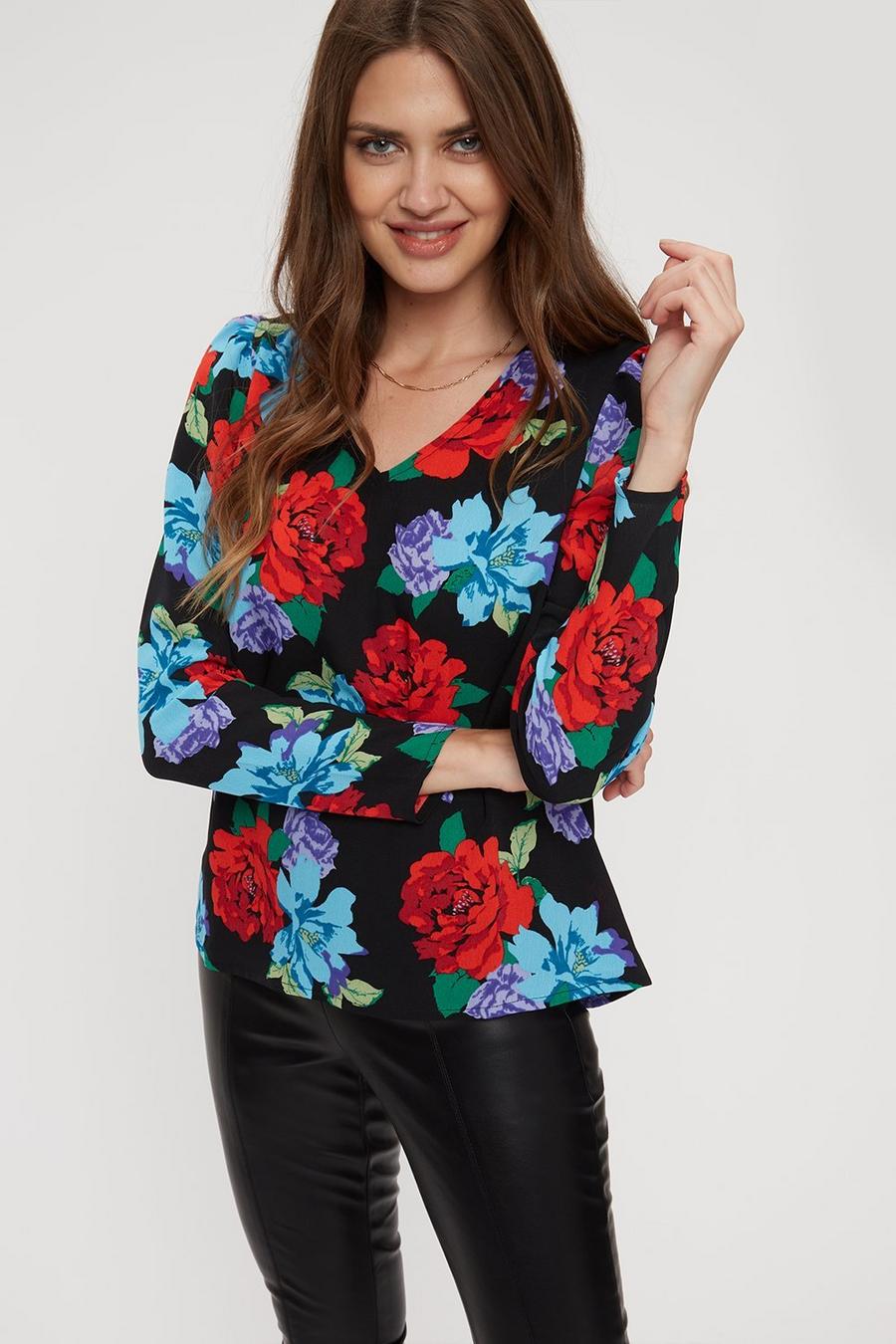 Tall Red Blue Floral Volume Sleeve Top