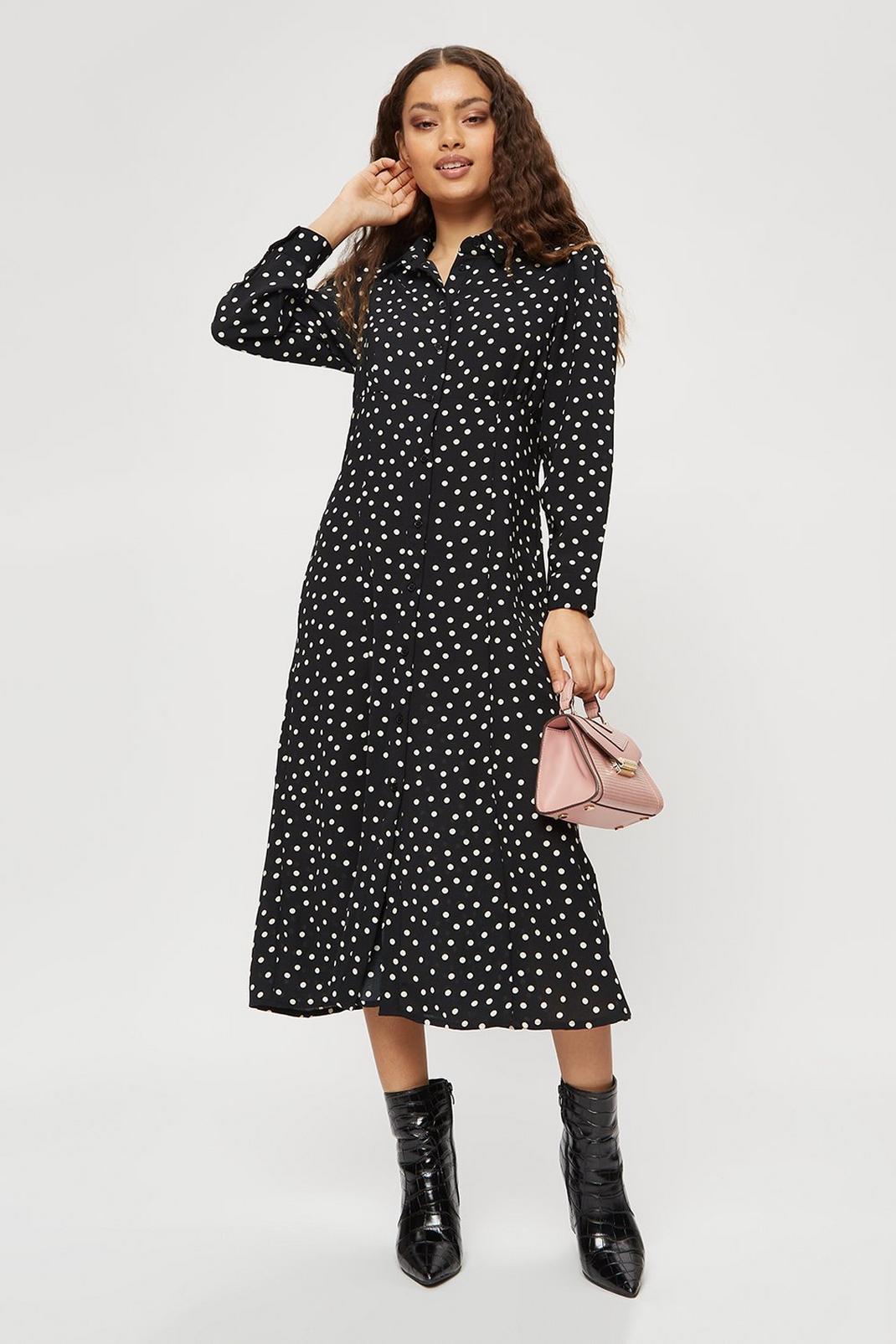 105 Petite Black Spot Midi Shirt Dress image number 1
