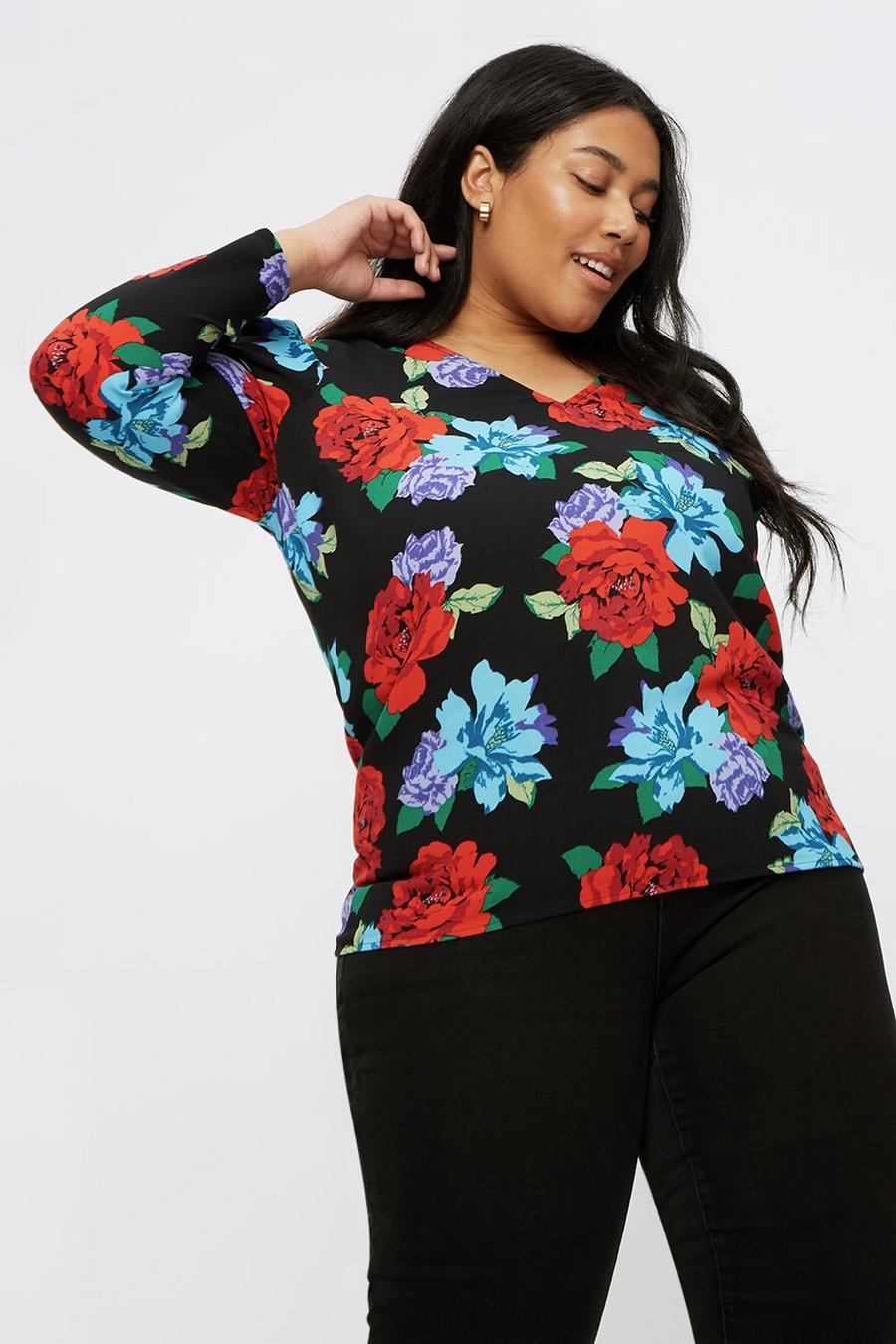 Curve Red Blue Floral Volume Sleeve Top