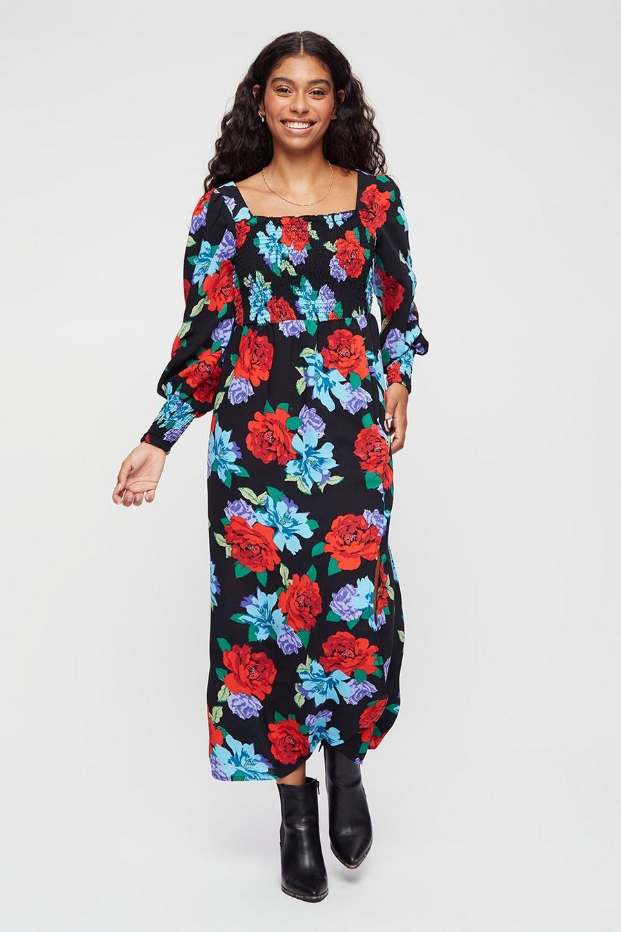 Petite Red Blue Floral Shirred Body Midaxi