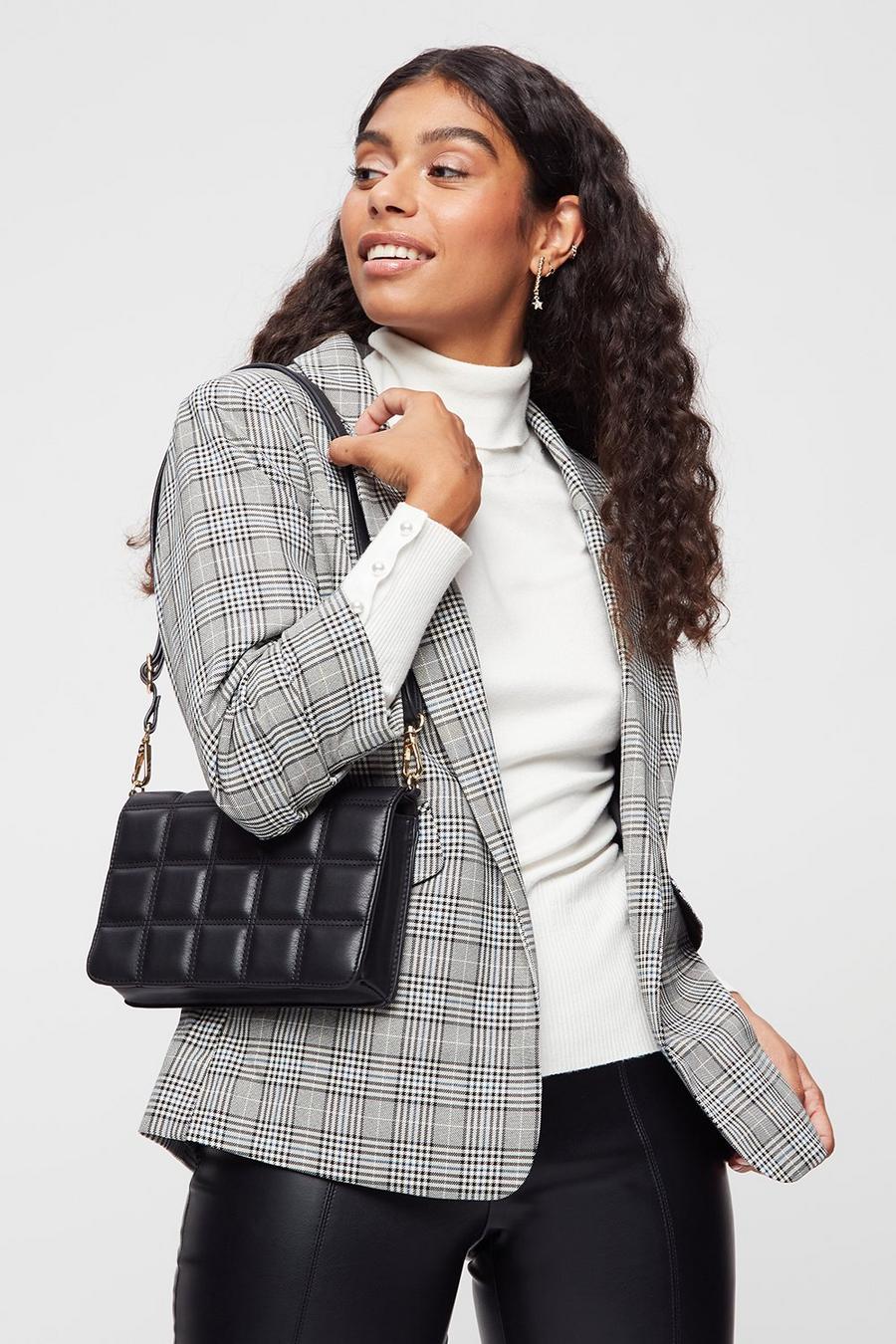 Petite Grey and Blue Check Ruched Sleeve Blazer