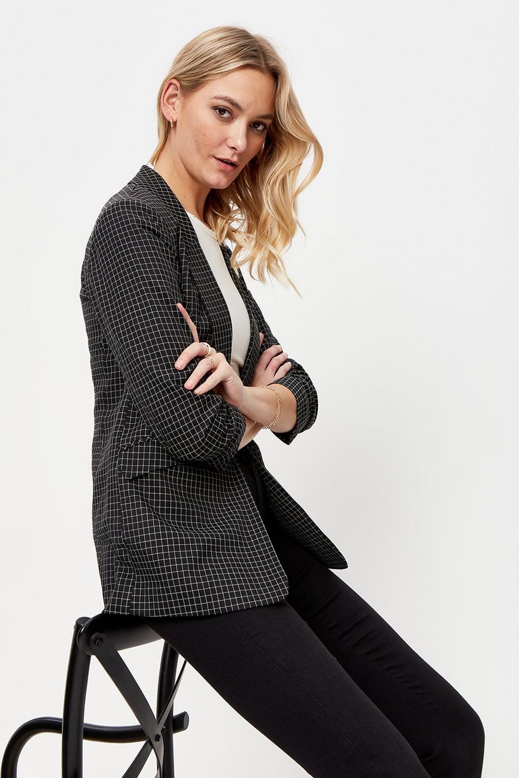 Tall Black Check Ruched Sleeve Blazer image number 1