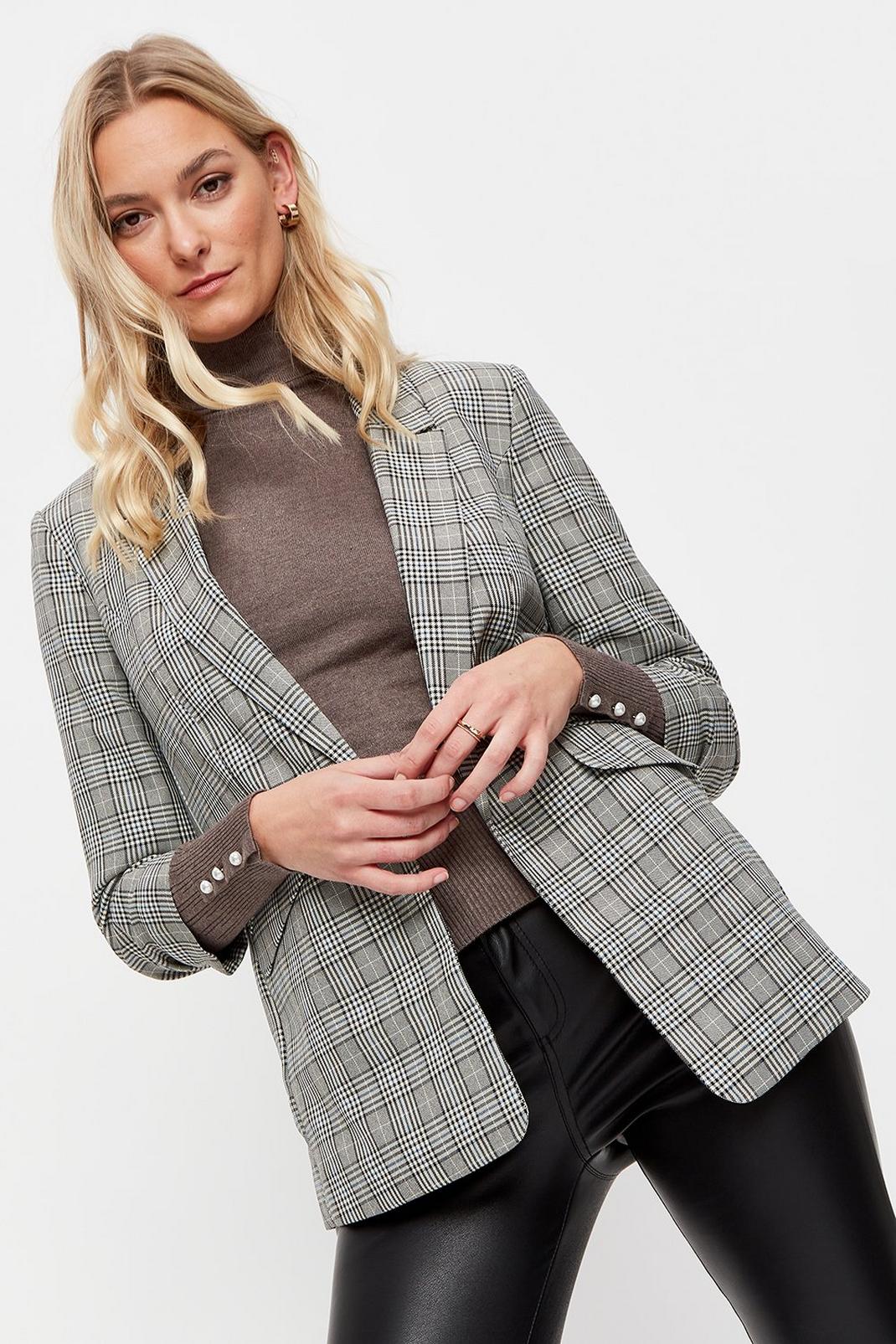 Tall Grey Check Ruched Sleeve Blazer image number 1