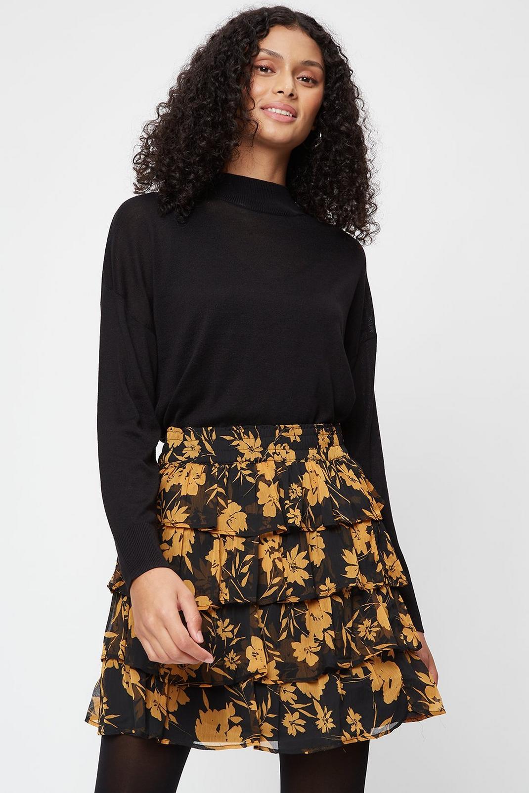 198 Ochre Floral Tiered Chiffon Mini Skirt image number 1