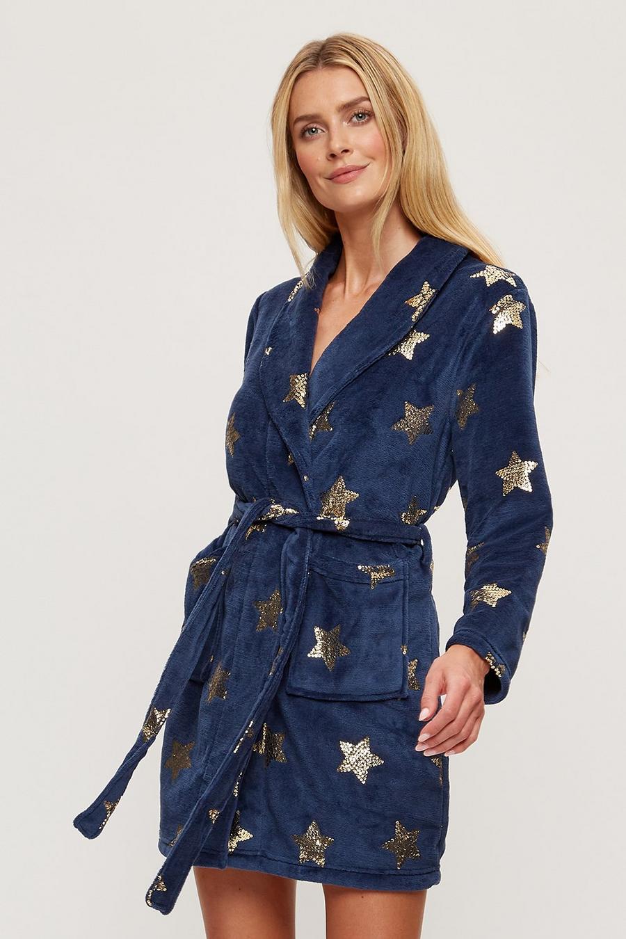 Navy Short Robe With Gold Sequin Star