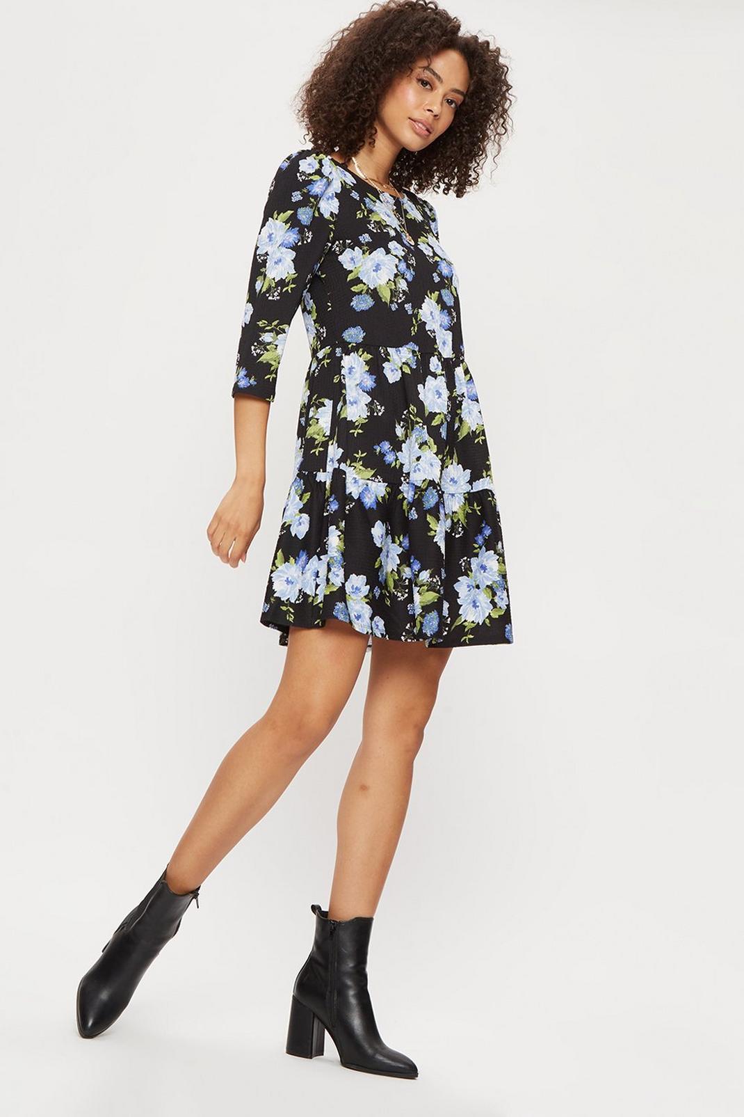 106 Blue Large Floral Tiered Textured Mini Dress image number 2