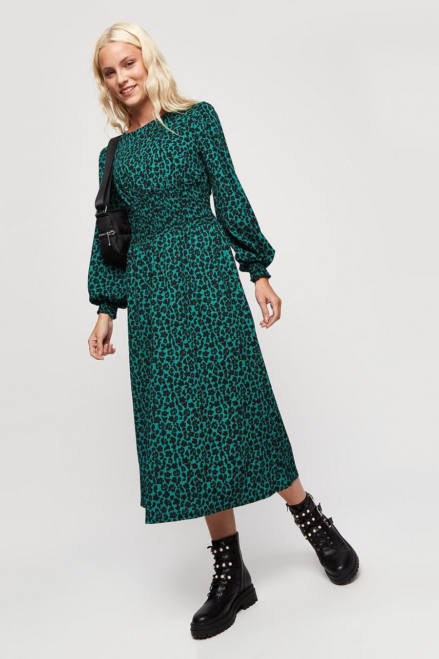 Green Floral Shirred Waist Texture Midi Dress