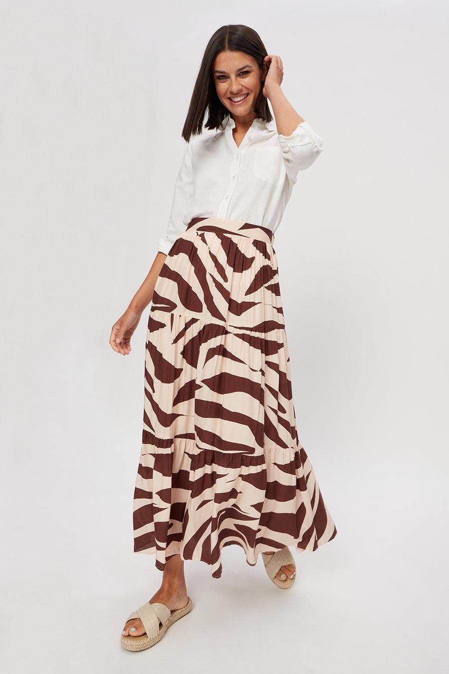 Zebra Print Tiered Midi Skirt