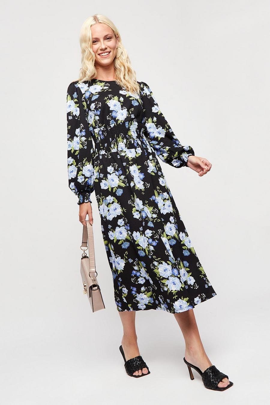 Blue Large Floral Tiered Textured Midi Dress