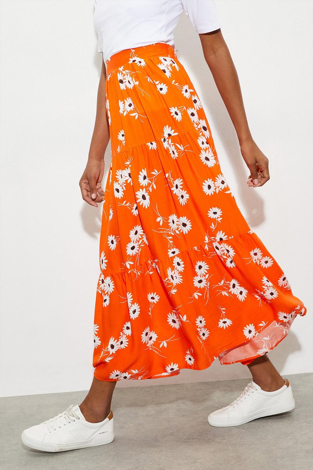 Orange Floral Tiered Midi Skirt image number 1