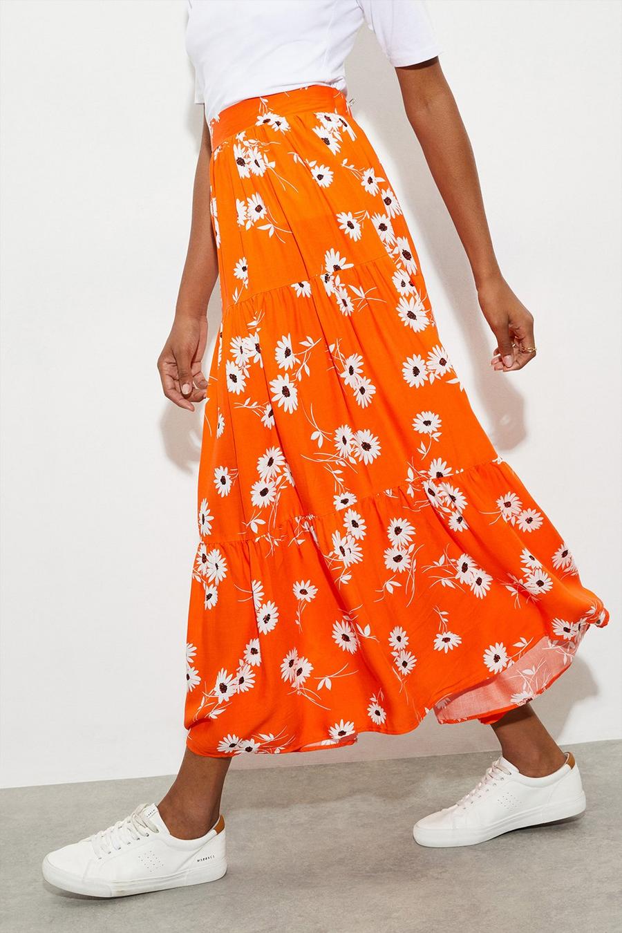 Orange Floral Tiered Midi Skirt