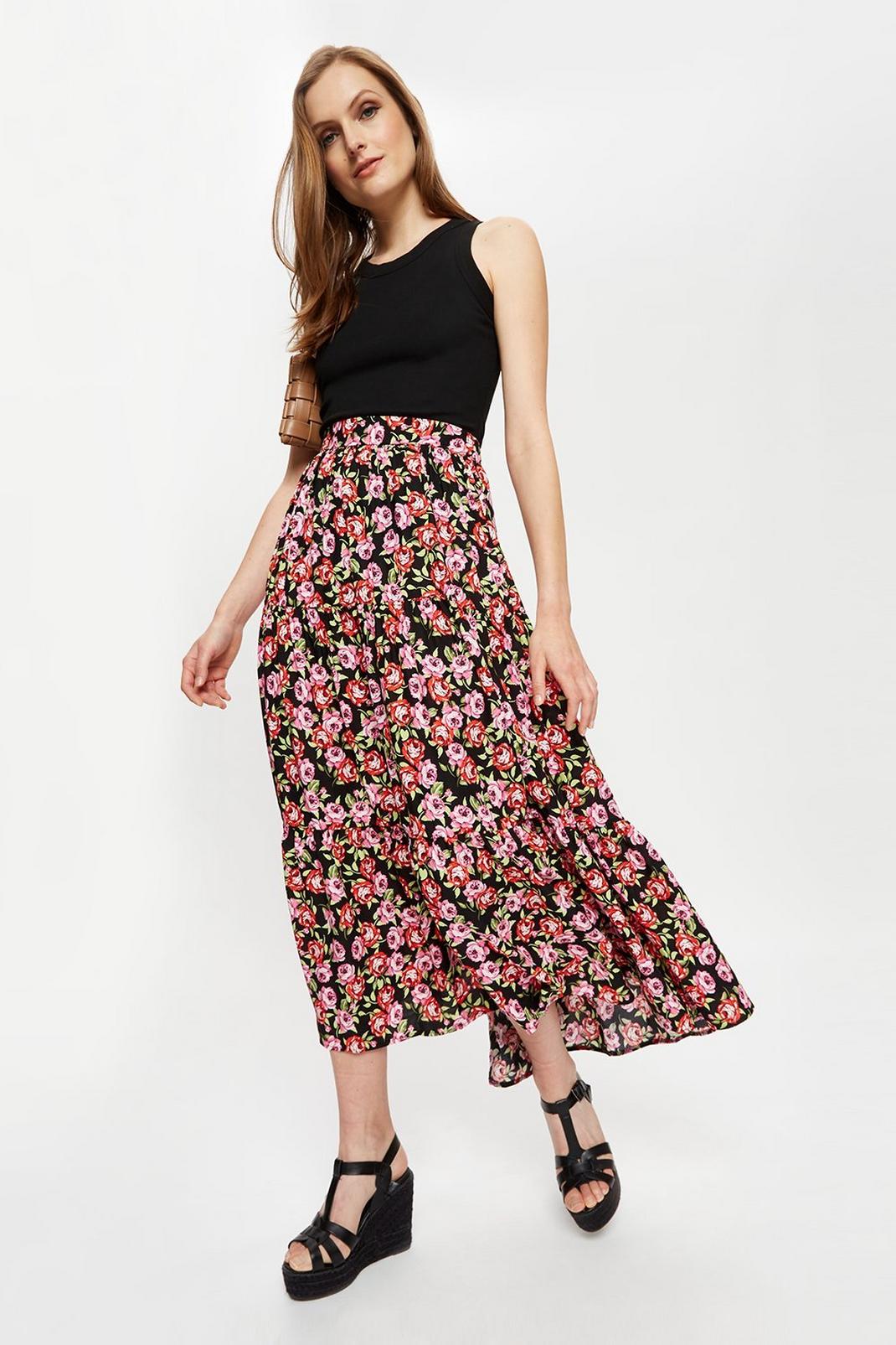 155 Pink Ditsy Tiered Midi Skirt image number 1