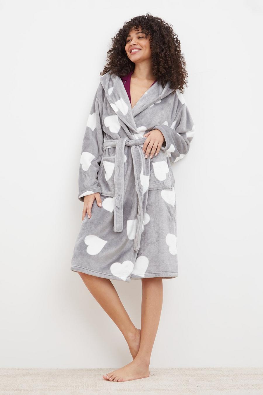 Grey Heart Print Hooded Robe